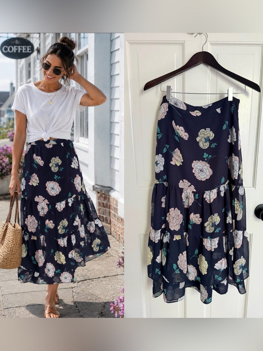 Loft Navy Floral Tiered Midi Skirt